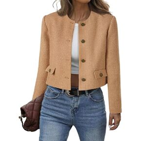 Cicy Bell Womens Cropped Tweed Blazer Collarless Button Down Bomber Jacket Business Casual Fall Outfits