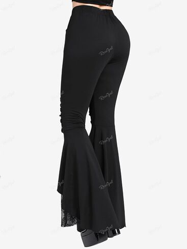 سروال نسائي من Rosegal مقاس كبير من الدانتيل القوطي الشفاف مع جيوب متعرجة وسحب على السراويل ذات الجرس السفلي in Kuwait