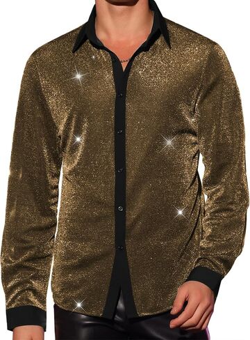 Lars Amadeus Glitter Shirts for Men's Long Sleeves Party Button Shiny Sparkle Shirt in Kuwait