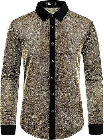 Lars Amadeus Glitter Shirts for Men's Long Sleeves Party Button Shiny Sparkle Shirt in Kuwait