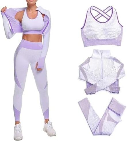 3 Piece Workout Sets for Women–Seamless Workout Sets with Jacket, Sports Bra & High-Waisted Leggings Women’s Gym Set in Saudi Arabia