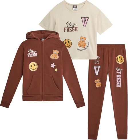 Girls Joggers Set - 3 Piece Zip Up Hoodie, Graphic Tee, and Jogger Pants - Girls' Activewear Fleece Jogset (7-8) in Saudi Arabia