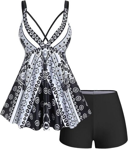 ROSE GAL Rosegal Womens Plus Size Tribal Geo Print Crisscross Padded Boyshorts Tankini Swimsuit in Saudi Arabia