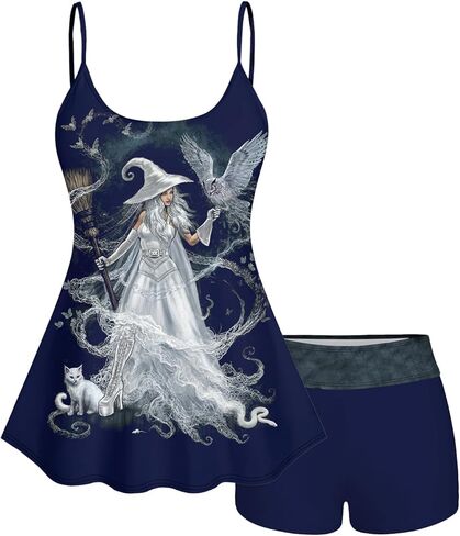 Rosegal Plus Size Women Gothic Tummy Control Modest Tankini Swimsuit Fairy Cat Print Boyleg Padded Tankini Swimwear in Kuwait