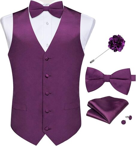 مجموعة سترة من الساتان وربطة عنق للرجال من DiBanGu للبدلة أو السهرة الرسمية، صدرية فستان سادة وربطة عنق مربوطة مسبقًا لحفلات الزفاف، أرجواني باذنجاني، مقاس XX-Large in Kuwait