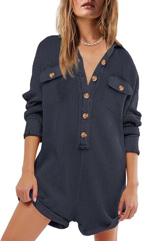 Yanekop Womens Waffle Knit Rompers Oversized Button Down Short Jumpsuit V Neck Long Sleeve Overalls with Pocket in Saudi Arabia