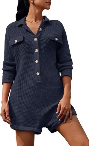 Yanekop Womens Waffle Knit Rompers Oversized Button Down Short Jumpsuit V Neck Long Sleeve Overalls with Pocket in Saudi Arabia