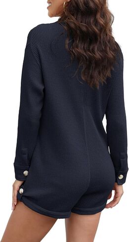 Yanekop Womens Waffle Knit Rompers Oversized Button Down Short Jumpsuit V Neck Long Sleeve Overalls with Pocket in Saudi Arabia