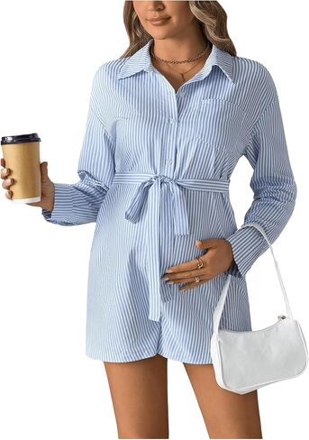 MakeMeChic Women's Maternity Striped Short Jumpsuit Button Down Long Sleeve Belted Pregnancy Romper in Saudi Arabia