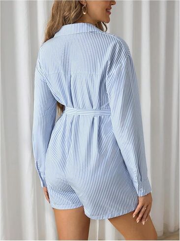 MakeMeChic Women's Maternity Striped Short Jumpsuit Button Down Long Sleeve Belted Pregnancy Romper in Saudi Arabia