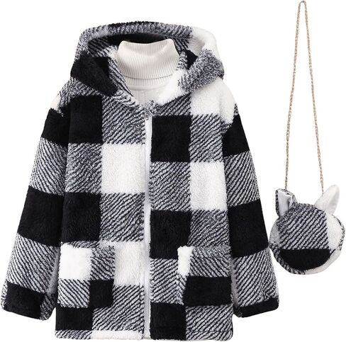 SOLY HUX Girl's Plaid Fuzzy Hoodies Jacket Zip Up Long Sleeve Coat Outerwear with Bag in Saudi Arabia