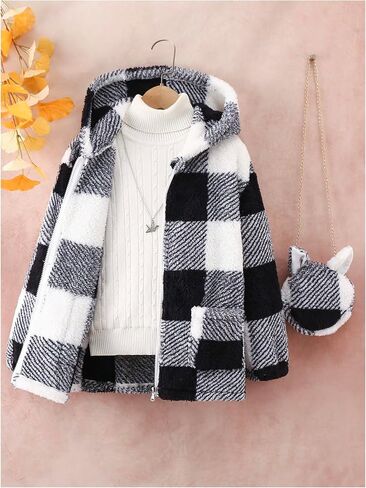 SOLY HUX Girl's Plaid Fuzzy Hoodies Jacket Zip Up Long Sleeve Coat Outerwear with Bag in Saudi Arabia