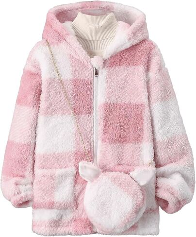 SOLY HUX Girl's Plaid Fuzzy Hoodies Jacket Zip Up Long Sleeve Coat Outerwear with Bag in Saudi Arabia