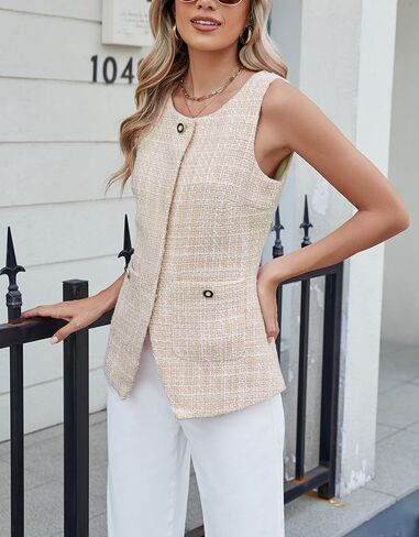 سترة Kedera النسائية من التويد بدون أكمام وأزرار سفلية بقصة ضيقة سترات غير رسمية سترة للعمل والمكتب in Kuwait