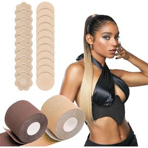 Boob Tape,2 Rolls Body Tape With 10 Pairs Disposable Nipple Covers,Breast Lift Tape for A-F Cup