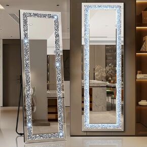 Full Body Mirror with Lights, 63"×20" Crushed Diamond Full Length Mirror with Stand, Tall Floor Mirror Standing Mirror for Bedroom, Living Room