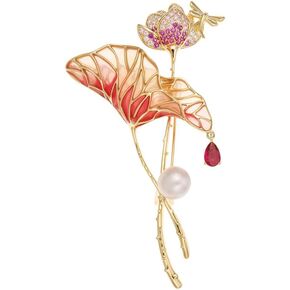 14K Gold Lotus Leaf Brooch with Sparkling Moissanite & Pearl, Elegant Flower Design - Unique Jewelry Gift for All Occasions