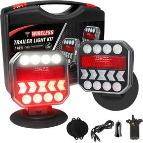 Wireless Trailer Lights 110° Rotatable, Magnetic LED Trailer Light for Towing Truck RV, Rechargeable Tail Tow Lights Kit for Camper Boat Caravan Turn Signal Brake Reverse Stop, IP67 Waterproof