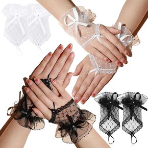 2Pairs Women's Lace Gloves Short Fingerless Gloves Bow Rhinestone Wedding Mesh Sheer Gloves for Brides Bridesmaids Banquet Wedding Tea Prom Halloween Party Accessories (Black+While)