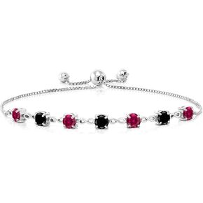 Gem Stone King 925 Sterling Silver Red Created Ruby and Black Diamond Infinity Links Bracelet For Women (2.71 Cttw, Round 4.5MM, Fully Adjustable Up to 9 Inch)