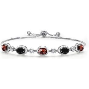 Gem Stone King 925 Sterling Silver Red Garnet and Black Sapphire and Moissanite Tennis Bracelet For Women | 5.20 Cttw | Gemstone January Birthstone | Oval Checkerboard 7X5MM | Fully Adjustable 10 Inch