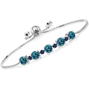 Gem Stone King 925 Sterling Silver Round London Blue Topaz and Blue Sapphire Tennis Bracelet For Women (3.74 Cttw, Gemstone Birthstone, Fully Adjustable Up to 9 Inch)