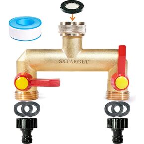 Brass garden hose splitter,、2 way hose splitter with 2 Extension Handles, GHT 3/4"Outdoor Faucet Diverter for irrigation system with extra 1 Filter Rubber Washers 2 Quick Connectors 1 Tape