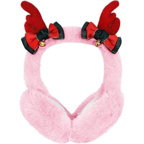 JIAHG Cute Cartoon Antler Winter Earmuffs Faux Fur Ear Warmers Adjustable for Women Girls Christmas Plush Ear Muffs