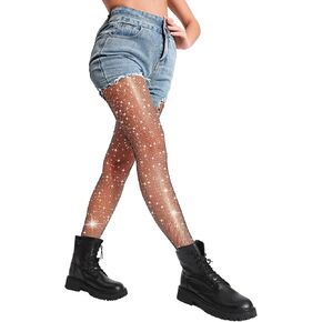 DancMolly Ultra Durable Sparkly Fishnet Stockings High Waist Sparkle Rhinestone Tights Party Concert Outfit for Women 1-2 Pcs