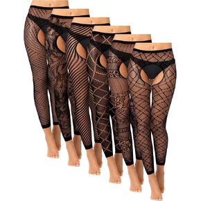 Newcotte 6 Pair Fishnet Stockings for Women Black Footless Thigh High Stockings Plus Size Lace Mesh Thigh High Tights (Elegant Black)