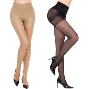 2 Pairs Control Top Pantyhose for Women, 40 Deneier Sheer Tights Tummy Control Stockings with Rip Resistant Toes