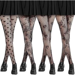 Vabean 4 Pcs Women's Patterned Tights Y2K White and Black Lace Tights for Women(Small Heart, Big Heart, Rose, Butterfly)