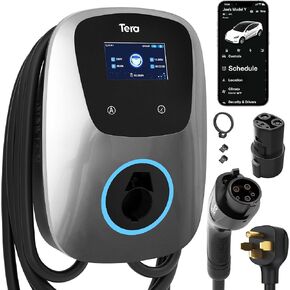 Tera Electric Vehicle Charger for Tesla: J1772 Level 2 EVs ETL Certified 48 40 Amp 240 Volt Home EVSE with Manual Setting Amps Schedule on Unit NEMA 14-50 25 FT Cable Silver