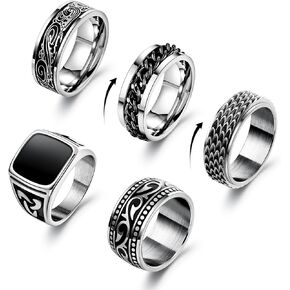 REVOLIA 5Pcs Stainless Steel Rings for Men Vintage Signet Rings Wide Retro Carving Celtic Band Rings Silver High Polish Punk Spinning Rings Size 7-13