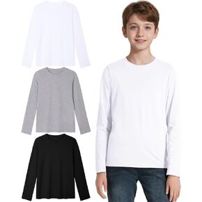 3 Pack Boys Long Sleeve Shirts Girls Cotton Crewneck T-Shirts Kids Basic Soft Long Sleeve Tees Top 5-13 Years