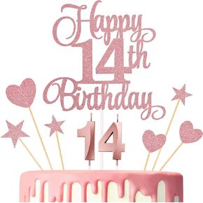 14th Birthday Cake Decorations, 14th Birthday Candles Cake Numeral Candles and Glitter Happy 14th Birthday Cake Toppers Set for Birthday Party Supplies (Rose Gold)