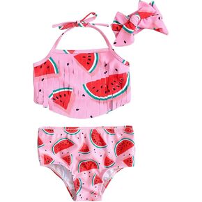 Girl's 2 Piece Set Watermelon Print Tassels Halter Bikini Sets Bathing Suit