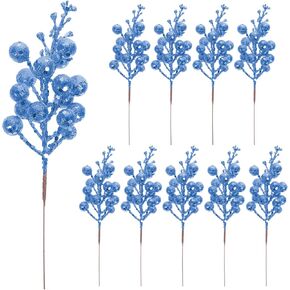 NUOBESTY 10Pcs Christmas Glitter Berries Stems Artificial Blue Christmas Berry Picks Fake Christmas Picks Glitter Sticks for Christmas Tree Ornaments Crafts Wreath Home Decor