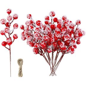 24 Pieces 7.8 Inch Artificial Holly Berry Stem Picks with Snowflake Glitter Christmas Tree Berries Picks for Christmas Tree Ornaments DIY Wreath Crafts Home Wedding Party Decor