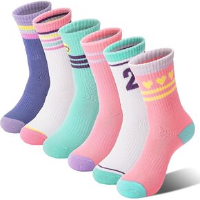 Sandsuced 6 Pairs Girls Kids Socks Athletic Basketball Sport Crew Youth Cotton Soft Breathable Socks for Outdoor