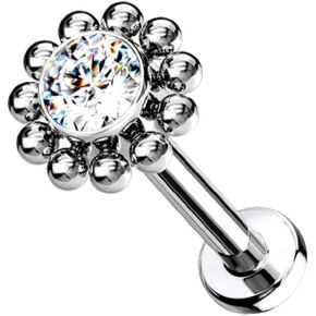 Pierced Owl - 16-18G G23 Implant Grade Titanium Threadless Push-In CZ Crystal Center Flower with Beaded Edge Flat Back Lip Cartilage Ear Stud
