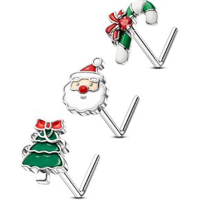 OUFER 3Pcs Nose Studs, Christmas 20G Nose Rings L Shaped Cute Santa Claus Tree Candy Cane Stainless Steel Nose Studs for Women Men-7MM