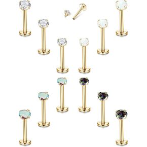 TEN MIRO 12PCS 16G Lip Rings Helix Tragus Earrings Stainless Steel Internally Threaded Labret Studs Cartilage 2/3/4MM Clear CZ/Opal Earrings Monroe Medusa Piercing Jewelry(Gold-6MM)