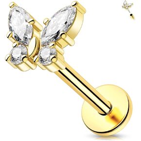 Melighting 14K Solid Gold Threadless Earring Butterfly Cartilage Earring Titanium Threadless Push In Earring 16G Flat Back Earring 6/8 mm Helix Piercing for Women