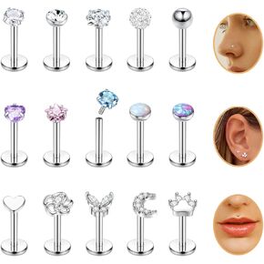 15PCS 16G 18G Stainless Steel Lip Studs for Women Internally Threaded Labret Monroe Lip Ring CZ Opal Flat Back Nose Rings Stud Cartilage Helix Tragus Earrings Piercing