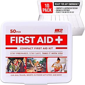 M2 BASICS 10-Pack Mini First Aid Kit Bundle (500 PCS Total, 50 PCS/Kit) | Small First Aid Kit for Travel, Car, Camping | Med Kit