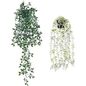 2pcs Fake Hanging Plants for Room Decor, Artificial Potted Plants for Aesthetic Office Living Bedroom Kitchen Patio Bathroom Bookshelf Indoor Outdoor Decor