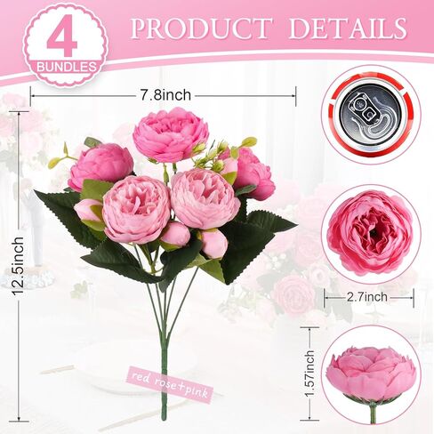 DEEMEI Artificial Peony Flower Silk Peonies Bouquet 4 Bundles Fake Flowers Bulk for Home Wedding Party Decor (Rose Red+Pink) in Saudi Arabia