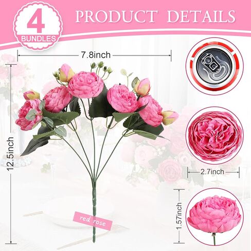 DEEMEI Artificial Peony Flower Silk Peonies Bouquet 4 Bundles Fake Flowers Bulk for Home Wedding Party Decor (Rose Red+Pink) in Saudi Arabia