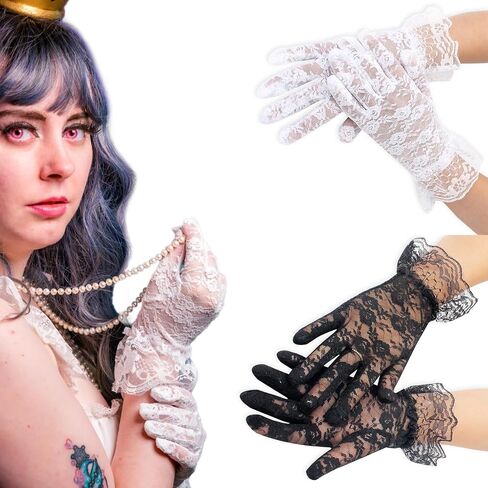 Halloween Lace Gloves for Women, 2Pairs White Prom Gloves Wedding Tea Party Gloves Short Courtesy Dressy Lace Gloves in Saudi Arabia
